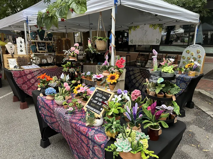 The Go Green Goddess tent at a street market, tables covered in wire plants and flowers, jewelry on display at the back